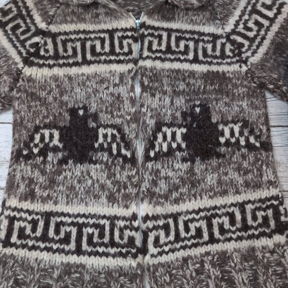 Cowichan-Style Wool Zip Sweater Brown Cream Moose Pattern – Unisex 20" - Picture 2 of 8
